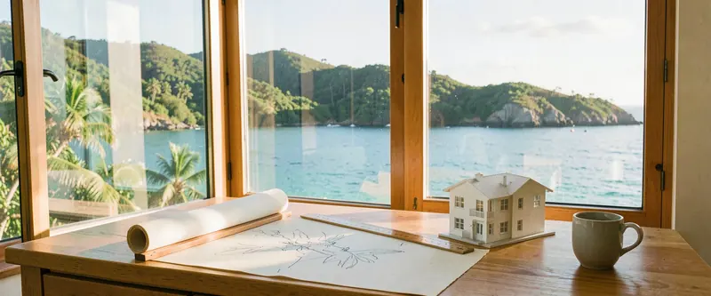 Bureau d'architecte ouvert sur une baie de Saint-Martin