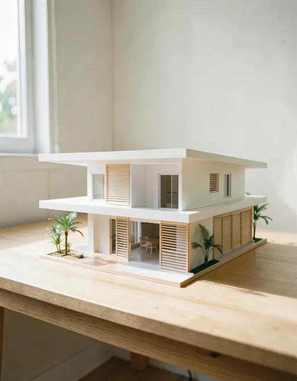Maquette blanche d'une villa tropicale sur une table en chêne