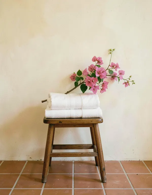 Serviettes pliées et branche de bougainvillier sur un tabouret en teck