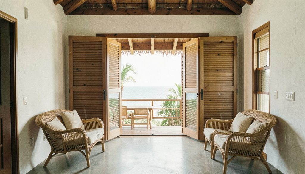 Séjour d'une villa antillaise ouvert par des portes persiennées sur une galerie face à la mer