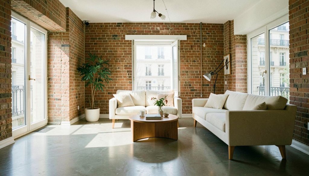 Salon parisien lumineux avec murs en brique et sol en béton