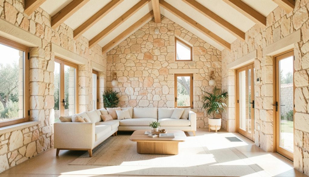 Bright villa interior with exposed coral stone walls and vaulted ceiling