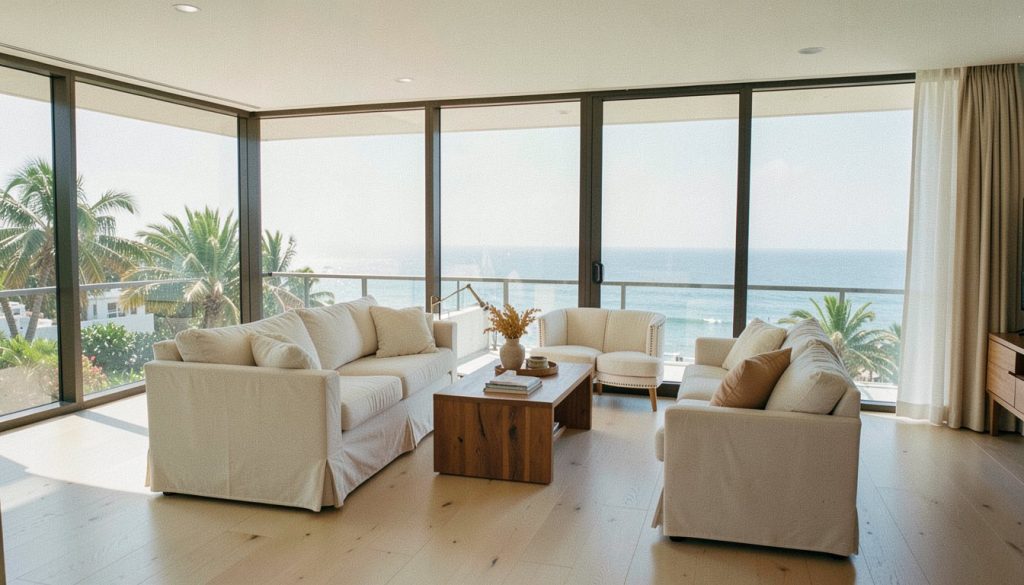 Bright coastal modern living room with ocean view