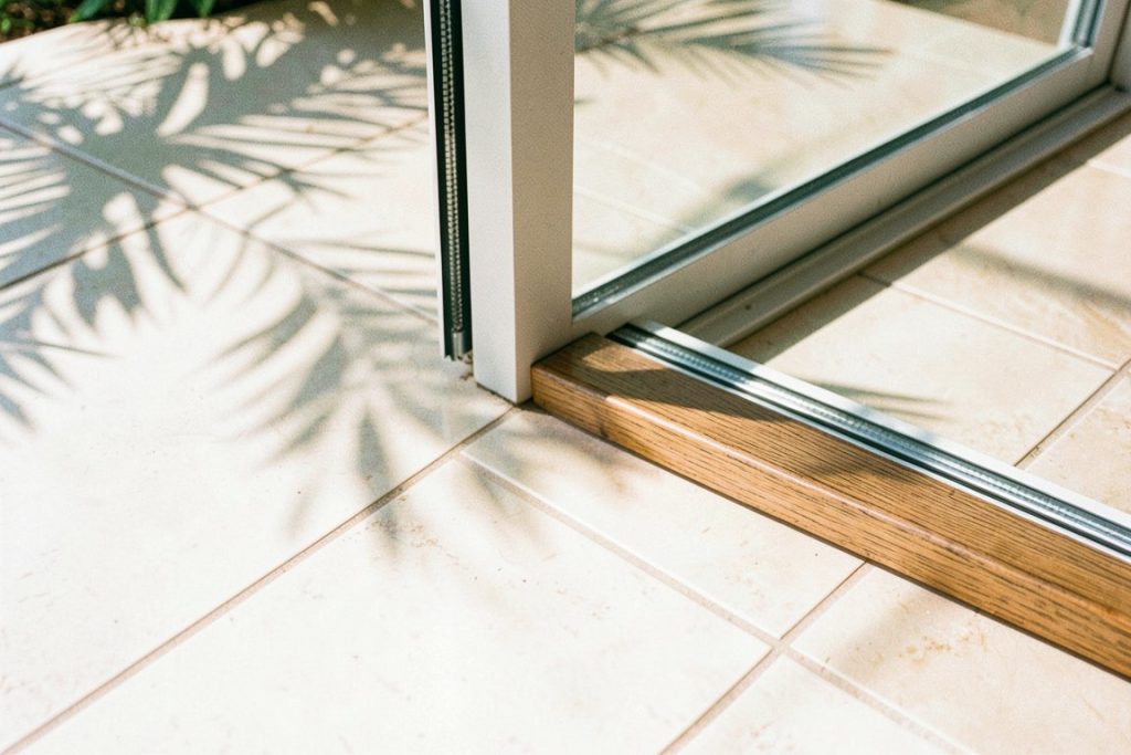 Porcelain tile and teak threshold at an impact-glass sliding door