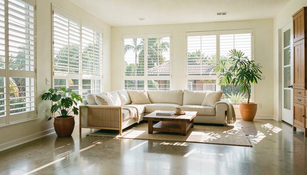 Sunlit Miami living room with concrete floors and hurricane shutters