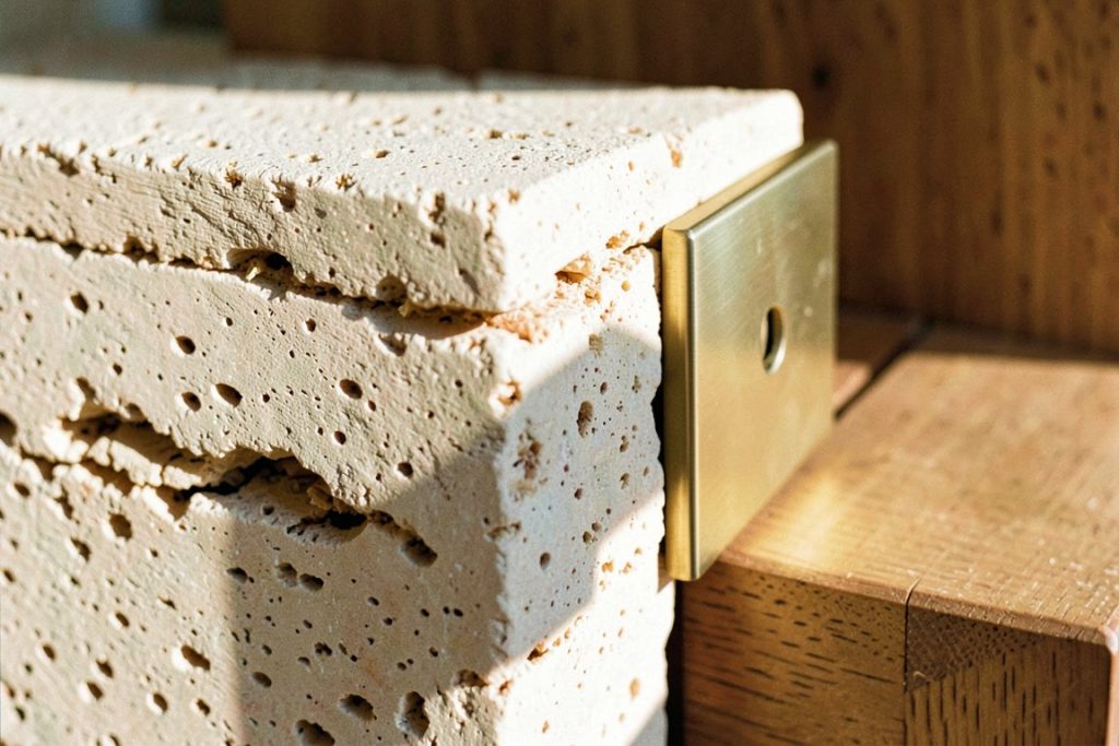 Travertine stone and brass hardware detail in warm natural light