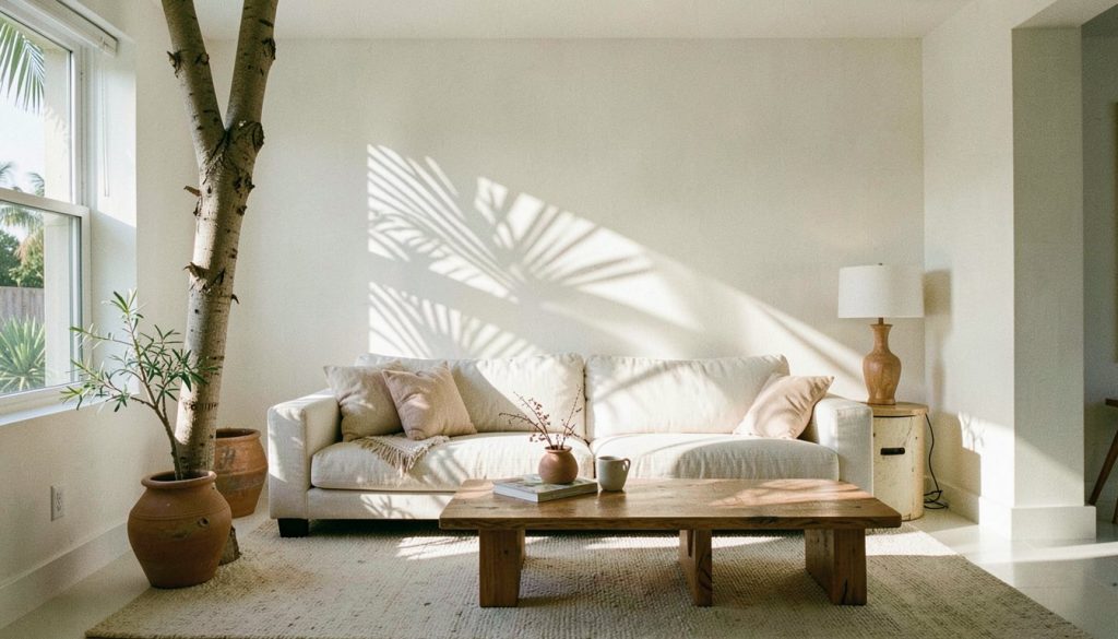 Bright Miami interior with palm shadows and neutral linen furniture
