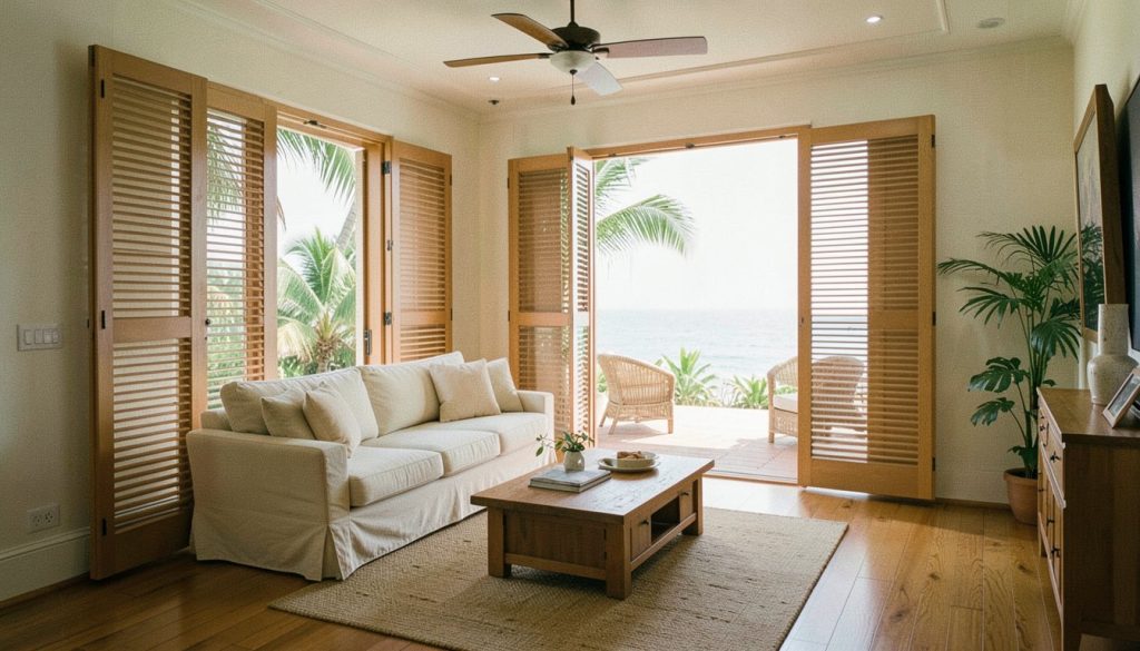 Caribbean villa living room with louvered shutters open to a sea-view terrace