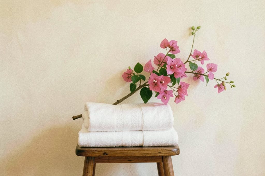 Serviettes pliées et branche de bougainvillier sur un tabouret en teck
