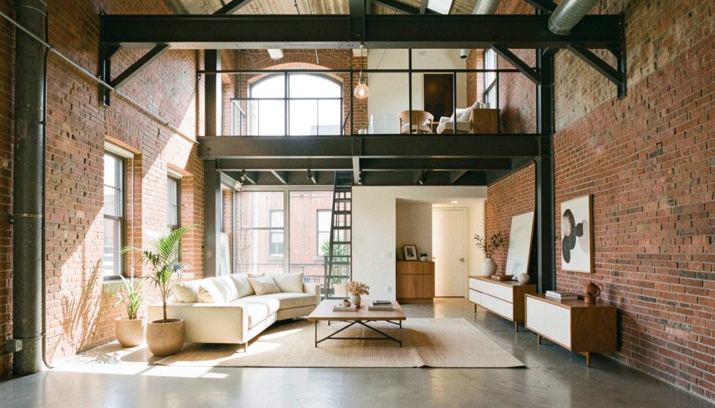 Spacious Tribeca loft interior with glass mezzanine and industrial beams