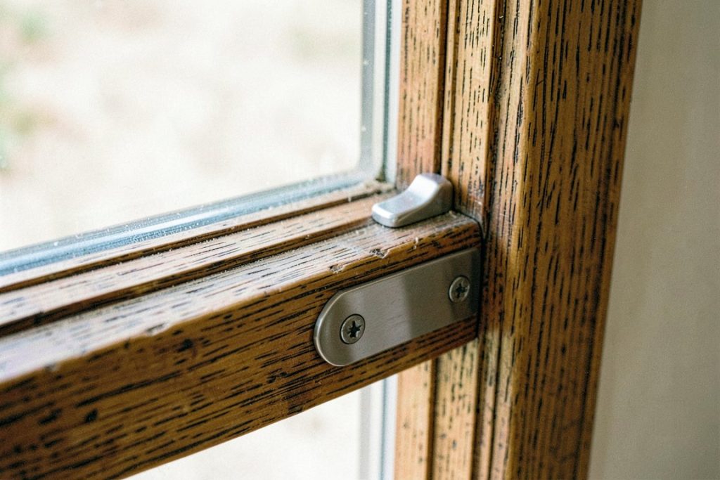 Détail de menuiserie en teck vieilli et quincaillerie inox brossé