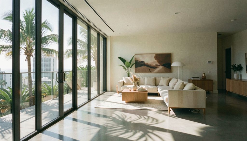 Sunlit Miami condo interior with glass walls and palm shadows