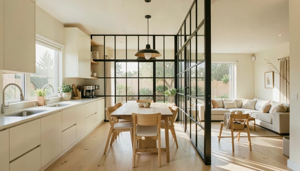 Cuisine ouverte avec verrière en acier noir et lumière naturelle abondante