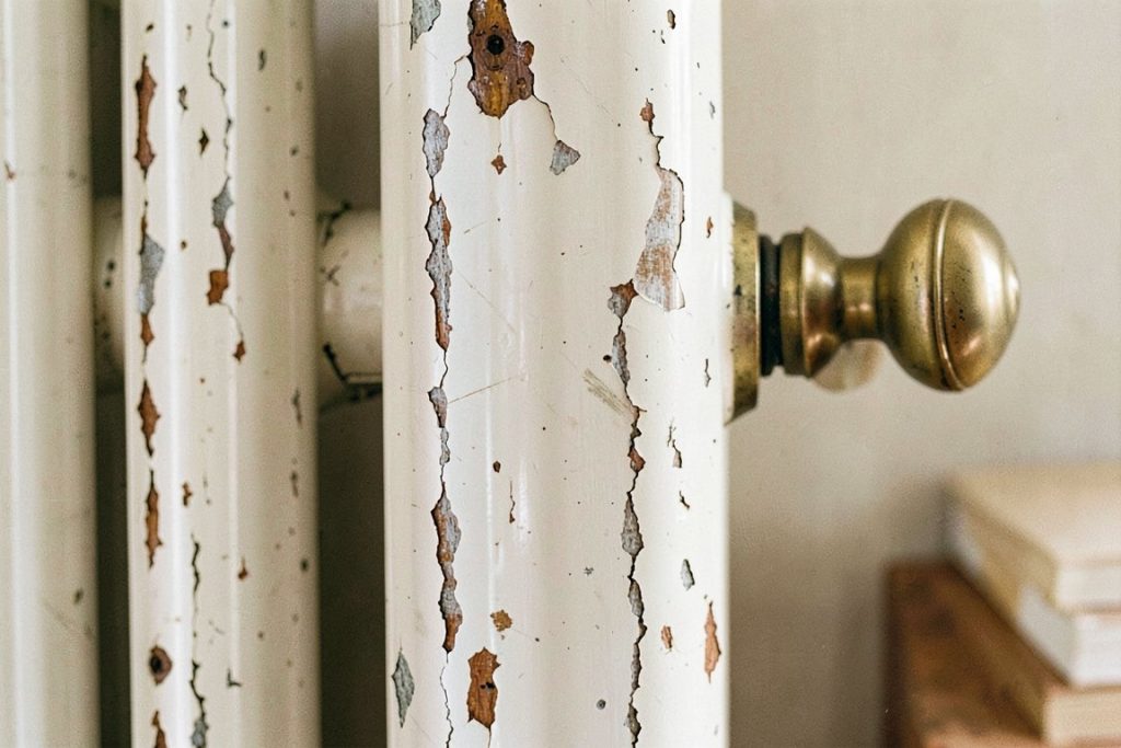 Flaking lead paint on vintage radiator and brass doorknob