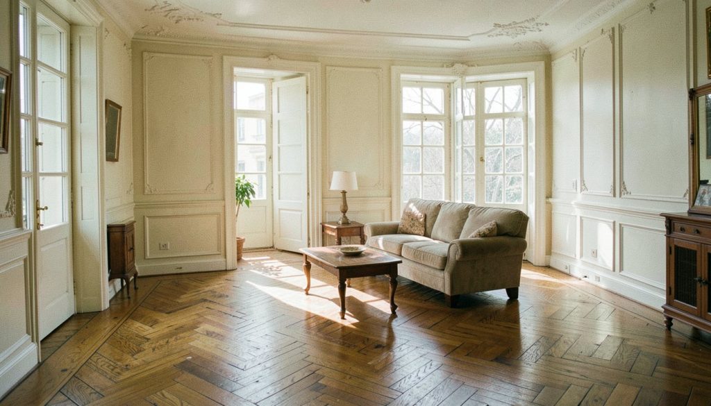 Restored prewar apartment interior with herringbone floors and tall windows