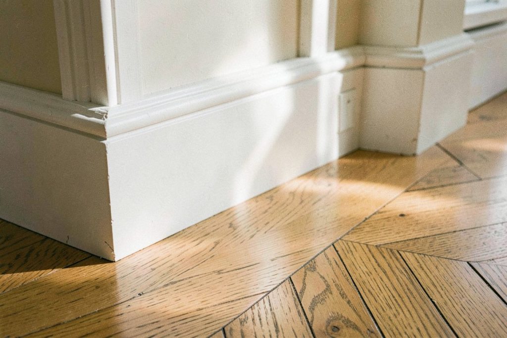 Moulures blanches et parquet en point de Hongrie dans la lumière du matin