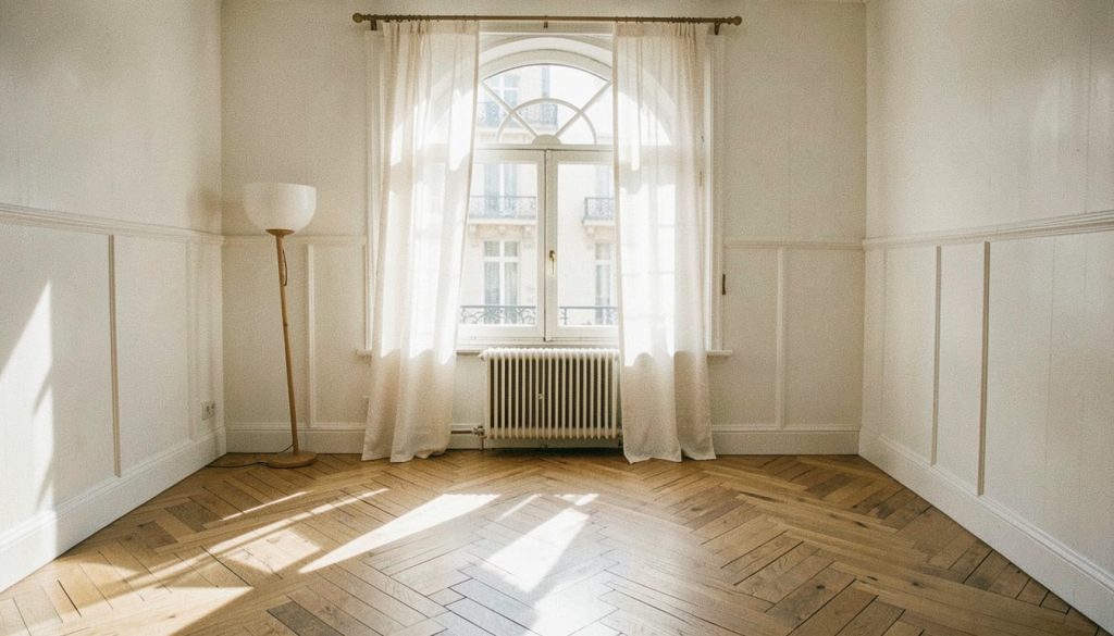 Séjour d’un appartement parisien avec parquet en point de Hongrie et fenêtre cintrée