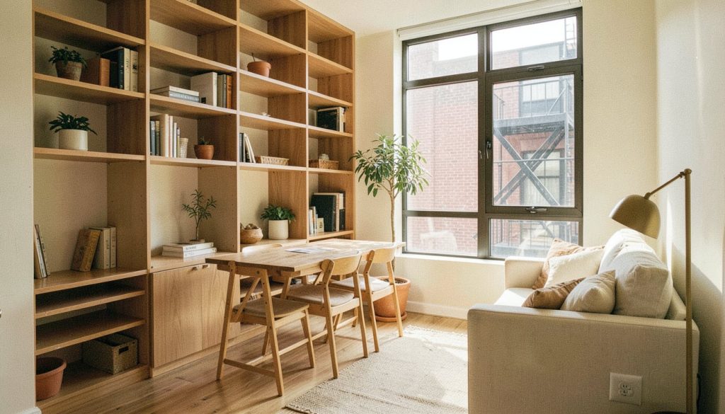 Compact New York studio with built-in oak shelving and a linen sofa